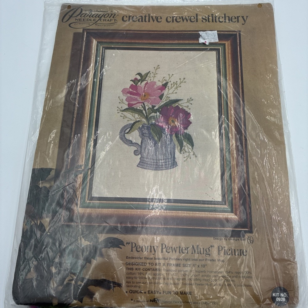 Vintage Paragon Crewel Kit Peony Pewter Mug Georgia Ball Floral 0928 1974 NEW